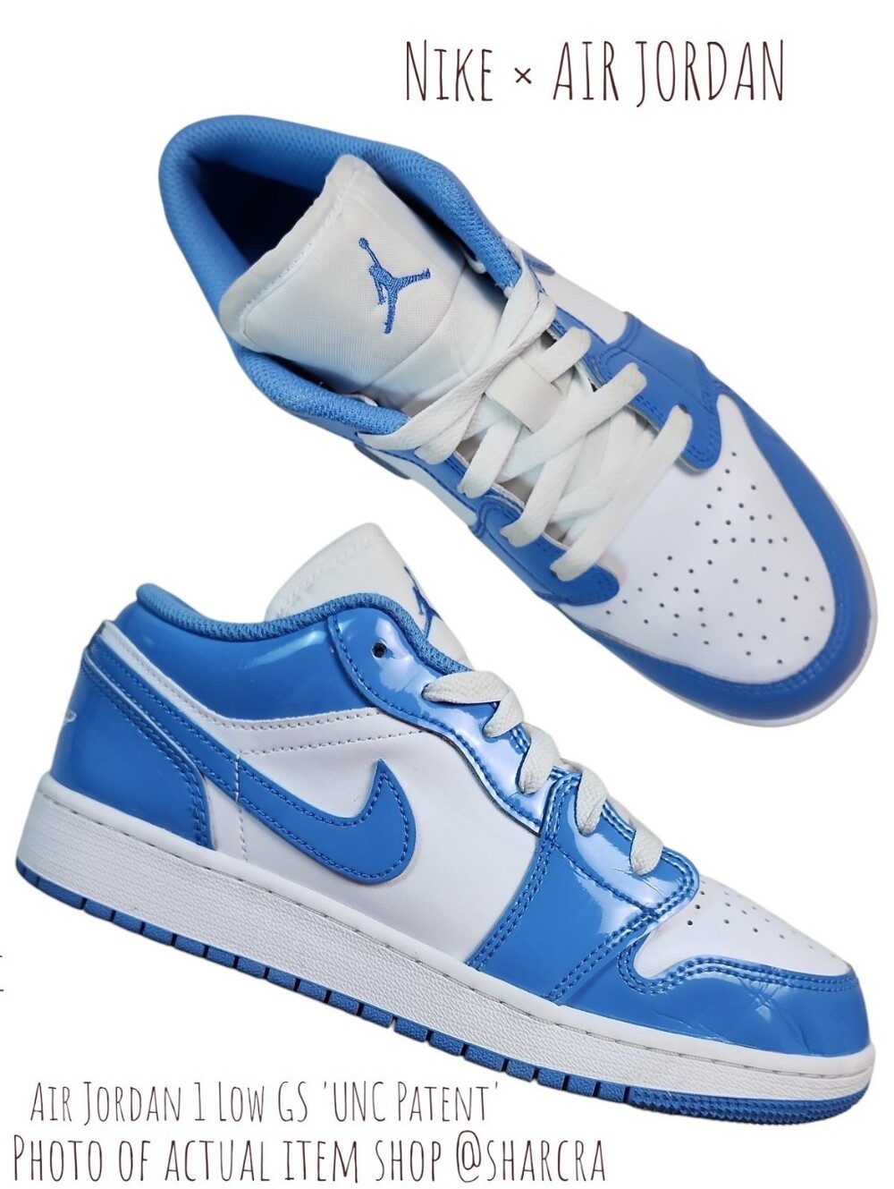 Nike Air Jordan 1 Low GS UNC Patent White / Legend Blue Sneaker Y 5.5 Women's 7